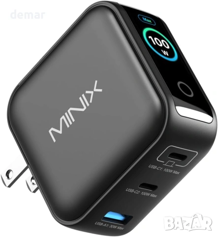 Зарядно устройство MINIX 100W USB C, 3-портово GaN, интелигентен дисплей и сензорно управление