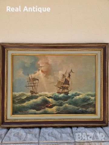 Страхотна антикварна авторска майсторска картина масло върху платно , снимка 3 - Картини - 51686592