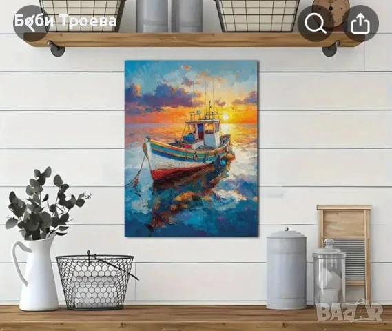 Абстрактен постер с рамка-Рибарски кораб в тихо море при залез слънце,