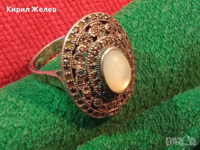 СТАР АЖУРЕН РЕТРО АР ДЕКО ПРЪСТЕН СРЕБРО 925 с МАРКАЗИТИ и ЛУНЕН КАМЪК МАЙСТОРСКА РЪЧНА РАБОТА 44249