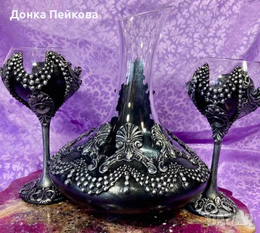 Ръчно изработен сервиз . декантер с две чаши в сребро, снимка 2 - Сервизи - 49105657