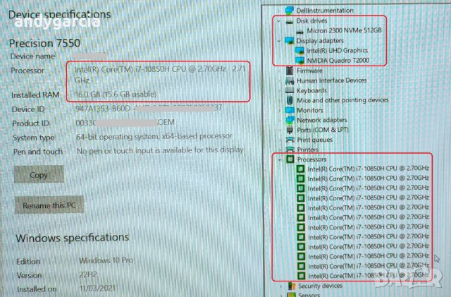 DELL Precision 7550/Core i7-10850H/NVidia Quadro T2000 4GB/15.6 IPS Full HD/16GB RAM/512GB SSD NVMe, снимка 11 - Лаптопи за работа - 43694580