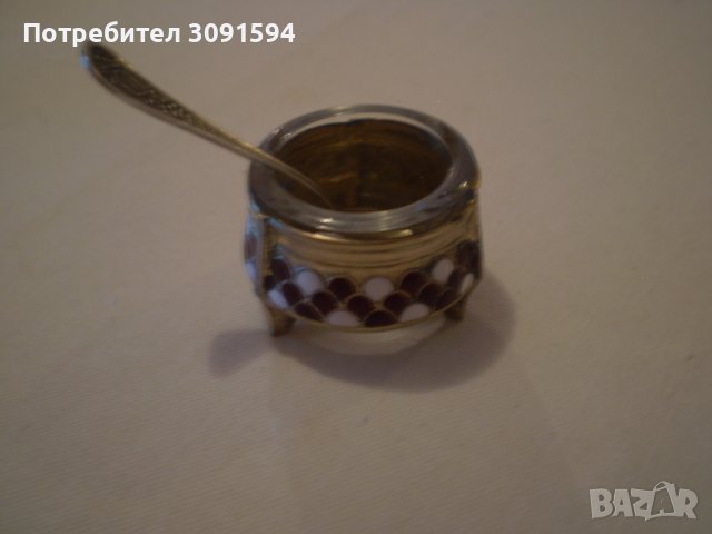 Стар Руски горчичник съд за хайвер емайл позлата със мелхио , снимка 3 - Антикварни и старинни предмети - 37850414