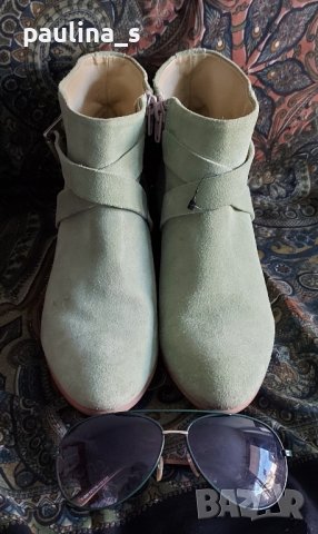 Естествен набук и пресована кожа за подметката / Маркови зелени боти "Bruno Banani" , снимка 4 - Дамски боти - 43497926