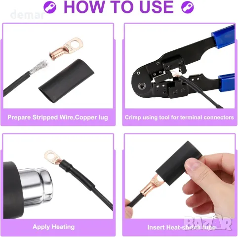 DMiotech 12 бр. 4/0 AWG - 5/16" медни кабелни накрайници, с 12 бр. термосвиваеми тръби, снимка 6 - Други стоки за дома - 49166897