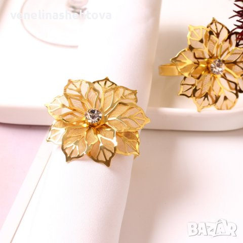 Комплект 6 броя пръстени за салфетки от плат цвете златист цвят , снимка 4 - Декорация за дома - 43876645