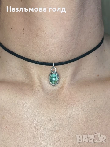 Сребърен чокър със зелен яспис, снимка 3 - Колиета, медальони, синджири - 50800668