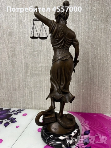 Голяма бронзова скулптура „Темида“ – ГРАНД модел 59 см, около 7 кг, подпис Mayer, снимка 2 - Антикварни и старинни предмети - 53406280