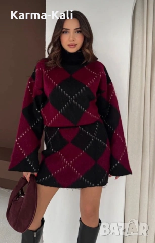 Нов плетен топъл комплект пуловер с пола