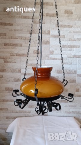 Стар полилей от ковано желязо и стъклен плафон, снимка 3 - Антикварни и старинни предмети - 40173165