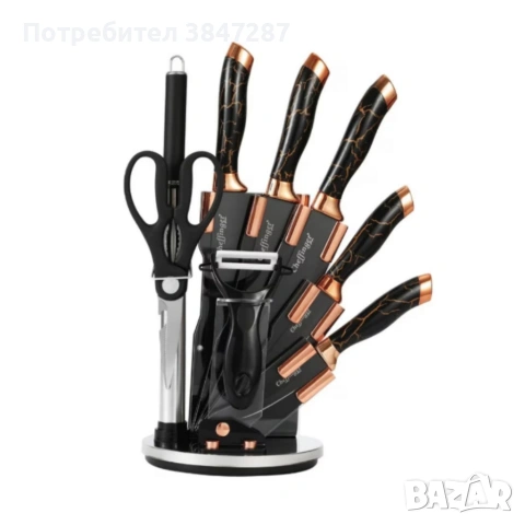 Комплект уреди за рязане Cheffinger – 9 части с мраморно покритие, стойка, точило и белачка, снимка 2 - Прибори за хранене, готвене и сервиране - 53449814