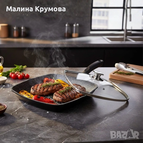 Грил тиган 28см с капак и мраморно покритие Cheffinger – за индукция, с противоплъзгаща дръжка, снимка 2 - Съдове за готвене - 53167594