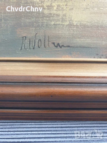 122х92см/стара голяма картина масло върху платно/пейзаж/къщи-кладенец/дървена рамка, снимка 11 - Картини - 51131307