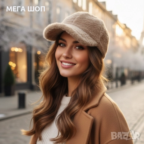 Топла дамска шапка с козирка – зимен пухкав модел, снимка 3 - Шапки - 52682715