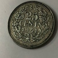 Сребърна монета Нидерландия 25 цента, 1941 Портрет на аверс, снимка 1 - Нумизматика и бонистика - 38930290