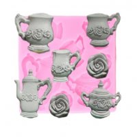 Сервиз чайник чаши роза силиконов молд форма декорация торта фондан сладки мъфини, снимка 1 - Форми - 26819031