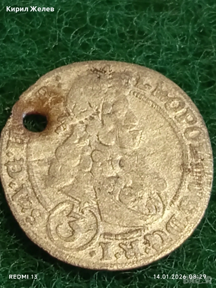 Сребърна монета 3 кройцера 1698г. Леополд първи Австрия уникат 53004, снимка 1