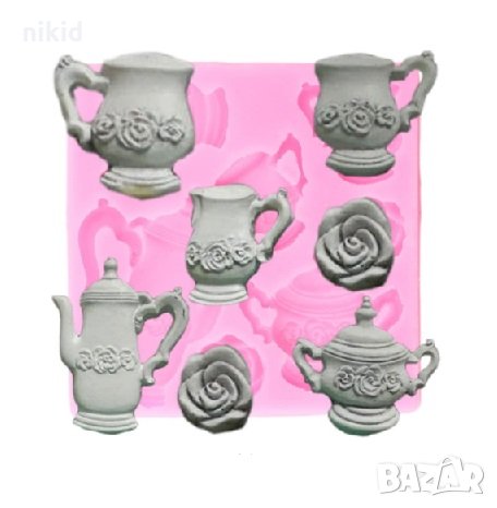 Сервиз чайник чаши роза силиконов молд форма декорация торта фондан сладки мъфини, снимка 1