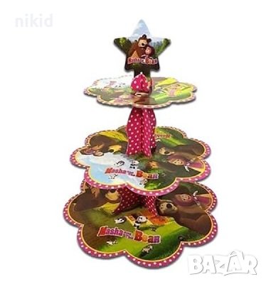Маша и Мечока 3 етажна Триетажна поставка стойка за мъфини кексчета картонена , снимка 1