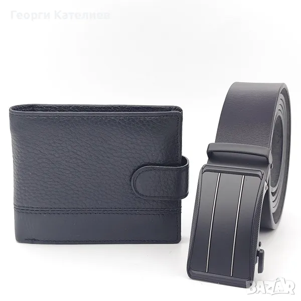 Стилен мъжки комплект естествена кожа в черно-Колан и портфейл Код на продукта:M-0032, снимка 1