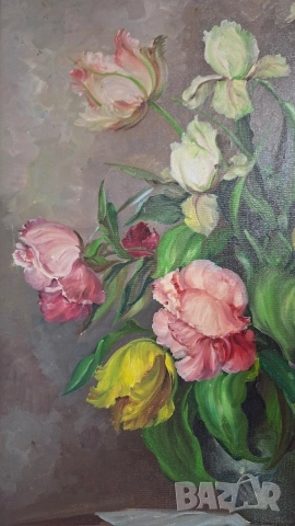 Стара картина Натюрморт с цветя - масло върху платно, в барокова рамка, снимка 4 - Картини - 52681609