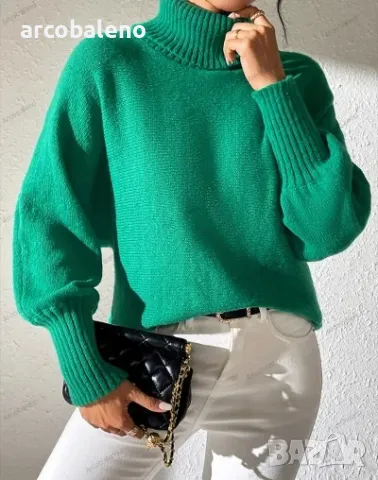 Едноцветен дамски пуловер с прилеп ръкав и висока яка с ревер, 4цвята , снимка 4 - Блузи с дълъг ръкав и пуловери - 47979724