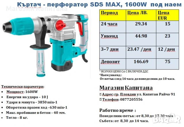 Къртач перфоратор ПОД НАЕМ SDS MAX, 1600W