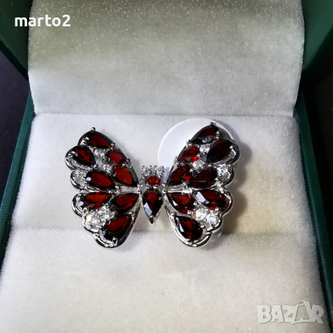 Елегантен сребърен 925 пръстен "Пеперуда" с родиево покритие и Натурални Гранати и Циркони!, снимка 8 - Пръстени - 44848133