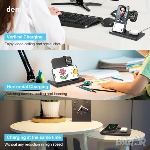 Безжично зарядно устройство 3 в 1 за iPhone, Apple Watch, AirPods (с адаптер ), снимка 4 - Безжични зарядни - 44104727