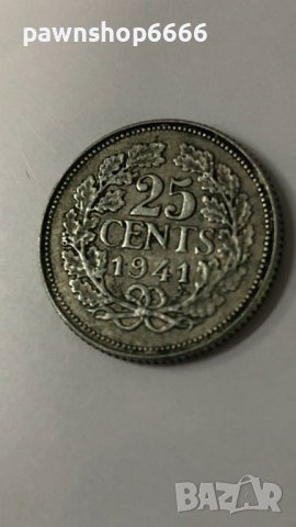 Сребърна монета Нидерландия 25 цента, 1941 Портрет на аверс