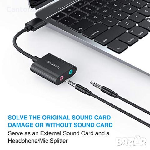 TechRise USB аудио адаптер, външна стерео звукова карта с 3,5 mm жак за слушалки и микрофон, снимка 2 - Други - 40256615