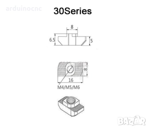 Гайка Т-образна Т-слот гайки с резба М3 М4 M5 за профил 20 и 30 Series Slot T-nut Hammer, снимка 3 - Други машини и части - 27521020