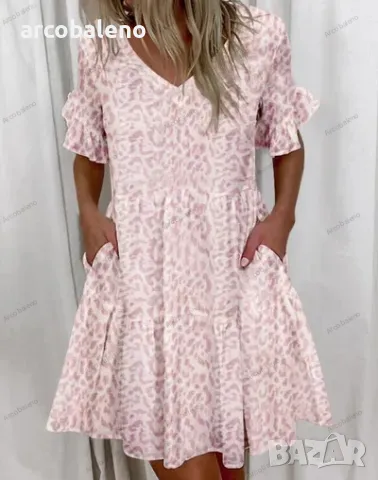 Свободна модна с V-образно деколте къса рокля с джоб и волан, 10цвята , снимка 3 - Рокли - 50133940