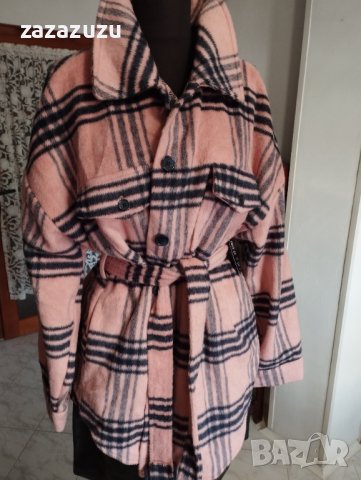 Вълна - дамска зимна дълга риза, каре, тип манто, звят сьомга, снимка 3 - Палта, манта - 38688282