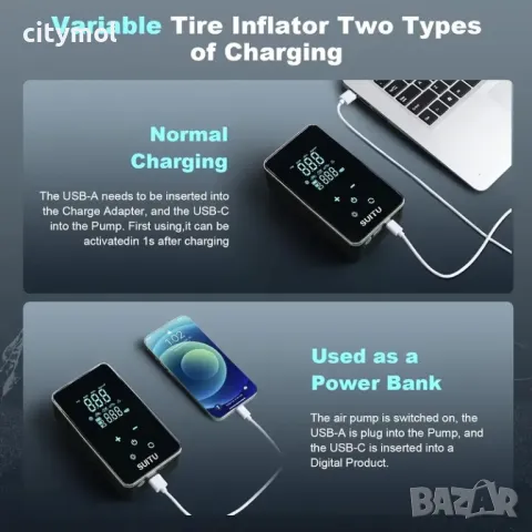 Акумулаторен компресор за гуми, 150psi, дисплей, Power bank, фенер, аварийна светлина, приставки, снимка 6 - Аксесоари и консумативи - 48057952