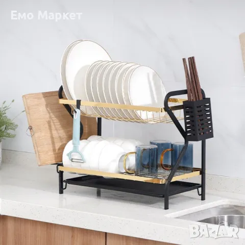Многофункционален сушилник за съдове от неръждаем стомана, черно със златисто, снимка 2 - Други - 48888814