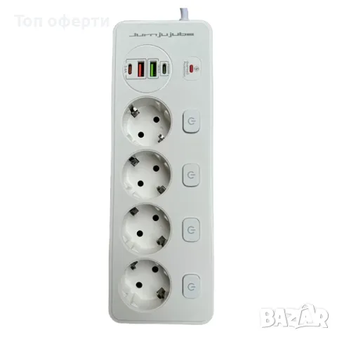 Удължител Jurnjujube, защита от пренапрежение, 4 гнезда, 2 USB, 2 Type-C, 3250W, бял, 2 м