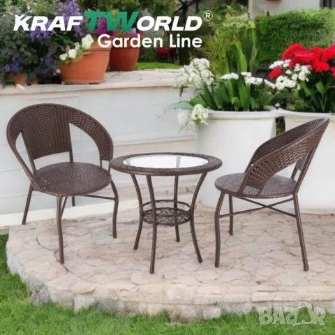 Ратанов Комплект с Маса и Два Стола в Тъмно Кафяво – Стил и Комфорт за Вашата Градина!, снимка 1