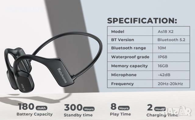 Слушалки Relxhome AS18 X2 Bone Conduction, слушалки за плуване с вградена 16 GB памет, MP3, снимка 2 - Безжични слушалки - 44133938