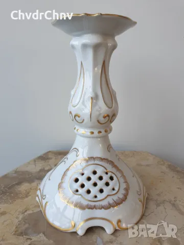 Plankenhammer 23см/Планкенхамер стар чешки порцеланов свещник/ажурен-бял-злато, снимка 3 - Вази - 49261839
