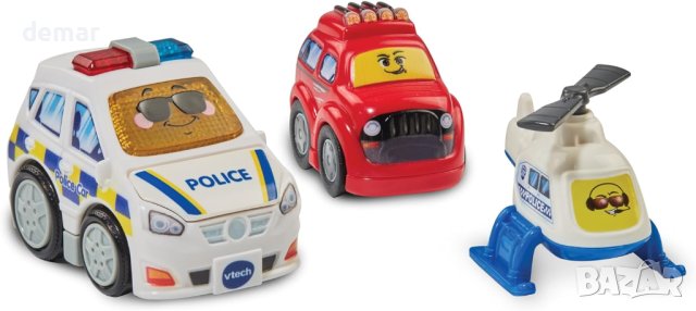 VTech Комплект с полицейска кола, хеликоптер и кола за бягство със светлини и звуци за малки деца, снимка 2 - Коли, камиони, мотори, писти - 43959947