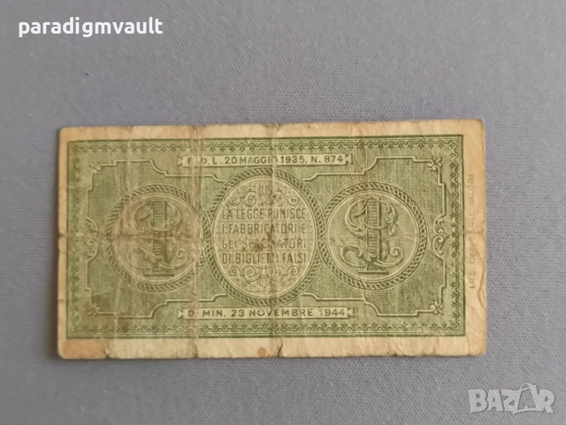Банкнота - Италия - 1 лира | 1944г., снимка 2 - Нумизматика и бонистика - 52931604