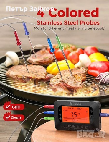 Термометър за месо iClanda, безжичен термометър за готвене, 4 сонди, снимка 3 - Друга електроника - 40848230