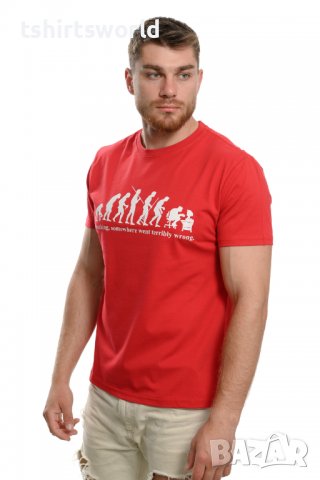 Нова мъжка тениска с трансферен печат Човешка еволюция в червен цвят, снимка 3 - Тениски - 37664008