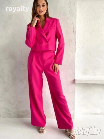 Елегантен дамски костюм късо сако с панталон в циклама
