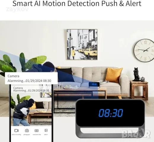 Настолен часовник iUni CP27, 1080P, Wi-Fi, P2P, Съвместим Android / iOS, Сензор за движени, снимка 4 - Камери - 46565261