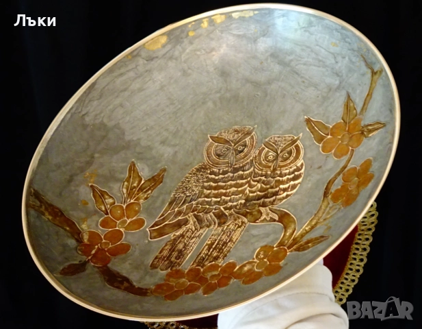 Висока бронзова фруктиера с Бухал,Сова,31 см.,1.3 кг. , снимка 3 - Антикварни и старинни предмети - 51659547