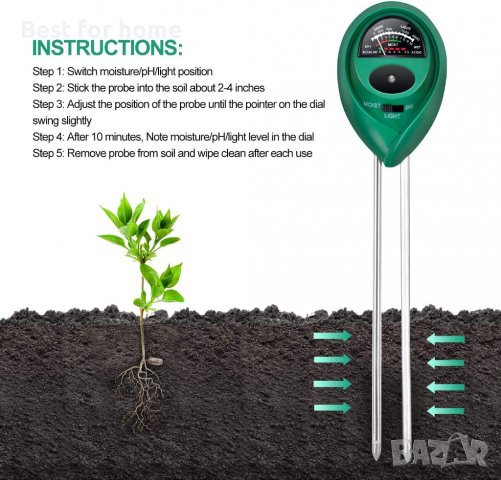 Устройство на контрол на почвата, осветеността и влагата в градината iPower 3-in-1 Soil Test, снимка 7 - Градинска техника - 37819850