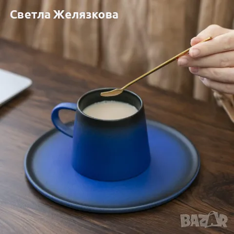 Комплект чаша за кафе, чинийка и златиста лъжица, снимка 3 - Чаши - 47280179