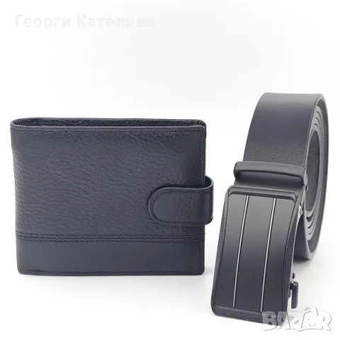 Стилен мъжки комплект естествена кожа в черно-Колан и портфейл Код на продукта:M-0032
